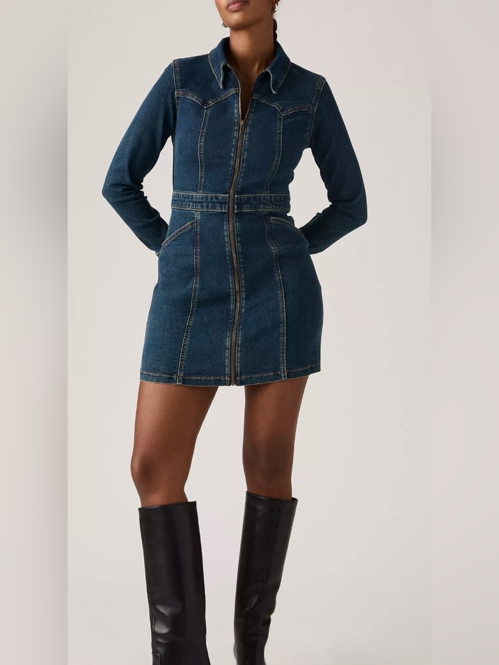 Levi's Retro Blue Denim Mini Dress Size L Long Sleeve NWT